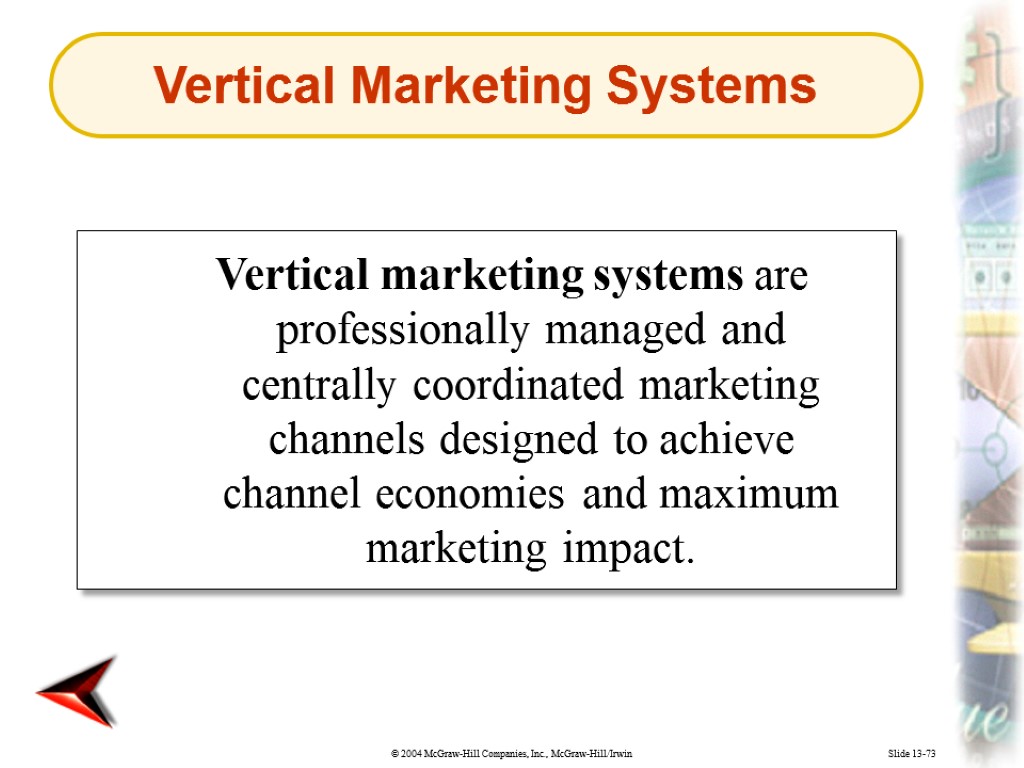 Slide 13-73 Vertical marketing systems are professionally managed and centrally coordinated marketing channels designed